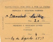 BILLETES. BILLETES LOCALES. Vale de comida (20 Pesetas) Sevilla. 14 Agosto 1939. Escaso. MBC+