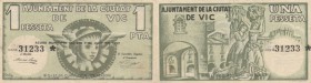BILLETES. BILLETES LOCALES. 1 Peseta. Vic (Barcelona), Ay. 7 Junio 1937. MBC+
