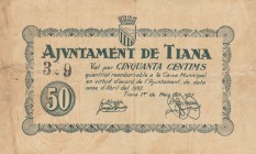 BILLETES. BILLETES LOCALES. 50 Céntimos. Tiana (Barcelona), Ay. 1 Mayo 1937. Sello en seco. Ligeras roturas en margen, si no BC+
