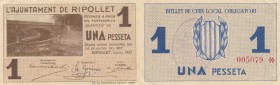 BILLETES. BILLETES LOCALES. 1 Peseta. Ripollet (Barcelona), Ay. Julio 1937. Numeración y tampón en rev. SC-