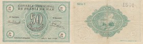 BILLETES. BILLETES LOCALES. 50 Céntimos. Premiá de Mar (Barcelona), C.M. Abril 1937. Serie C. Numeración en rev. Sello en seco. MBC+