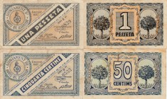 BILLETES. BILLETES LOCALES. Lote de 2 billetes. 50 Céntimos y 1 Peseta. Horts del Llobregat, Ay. 1937. MBC-