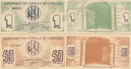BILLETES. BILLETES LOCALES. Lote de 2 billetes. 50 Céntimos y 1 Peseta. Cornellá de Llobregat (Barcelona), Ay. 20 Mayo 1937. El de peseta tiene rotura...