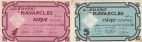 BILLETES. BILLETES LOCALES. Lote de 2 billetes. 5 Céntimos y 1 Peseta. Navarcles (Barcelona), Ay. 27 Agosto 1937. Numeración en rev. SC-