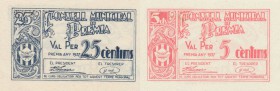 BILLETES. BILLETES LOCALES. Lote de 2 billetes. 5 y 25 Céntimos. Premiá de Dalt (Barcelona), C.M. 1937. Numeración en rev. SC