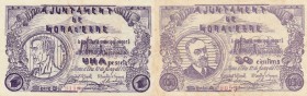BILLETES. BILLETES LOCALES. Lote de 2 billetes. 50 Céntimos y 1 Peseta. Mora d’Ebre (Tarragona), Ay. 10 Junio 1937. MBC