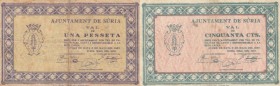 BILLETES. BILLETES LOCALES. Lote de 3 billetes. 25, 50 Céntimos y 1 Peseta. Súria (Barcelona), Ay. Mayo 1937. Sello en seco y numeración en rev. EBC/M...
