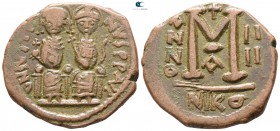 Justin II and Sophia AD 565-578. Dated RY 4=AD 568/9. Nikomedia. Follis Æ