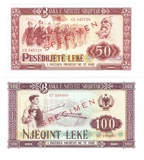 ALBANIA SPECIMEN, 50, 100 LEKE 1976 Zestaw wzorów banknotów w pięknym emisyjnym ...