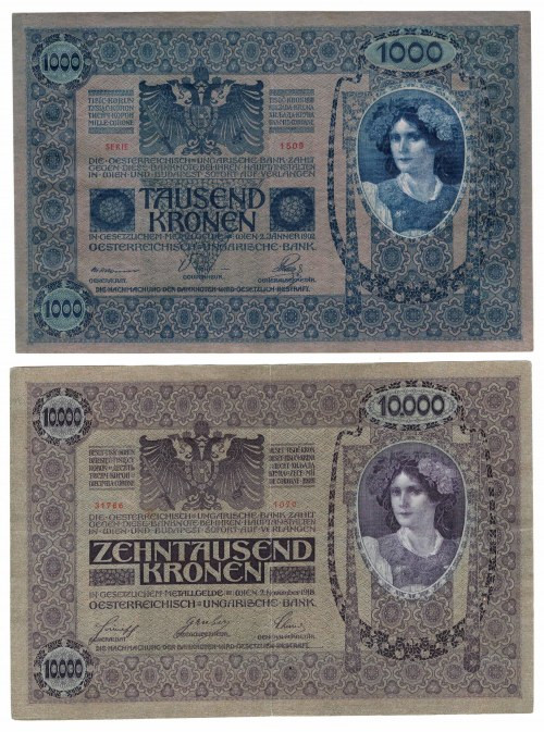 Austria, zestaw 1000 koron 1902, 10.000 koron 1918 (2 szt) Obiegowe egzemplarze ...