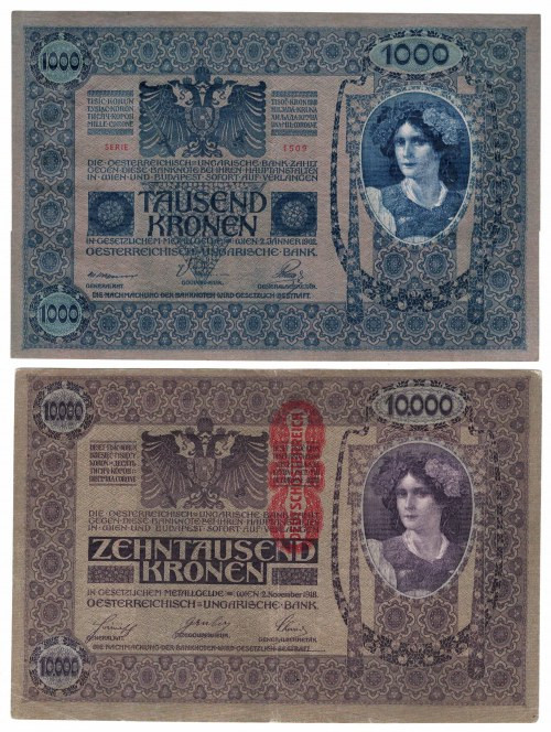 Austria, zestaw 1000 koron 1902, 10.000 koron 1918 (2 szt) Obiegowe ezemplarze ...
