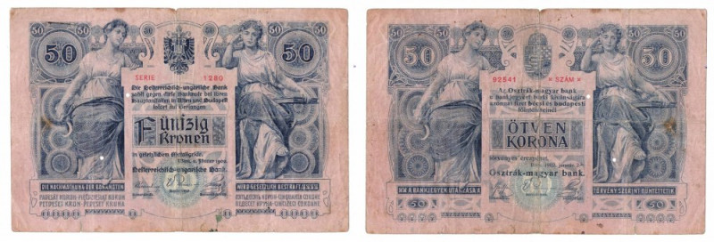 Austra, 50 koron -1902 Banknot wielokrotnie złamany, rozdarcia. Rzadki. 
Refere...