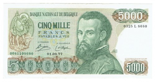 Belgia, 5000 Francs 10.06.1977 Rzadki banknot w naturalnym stanie zachowania Ref...