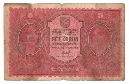 Czechosłowacja, 5 koron 1919 Obiegowy egzemplarz 
Grade: VG