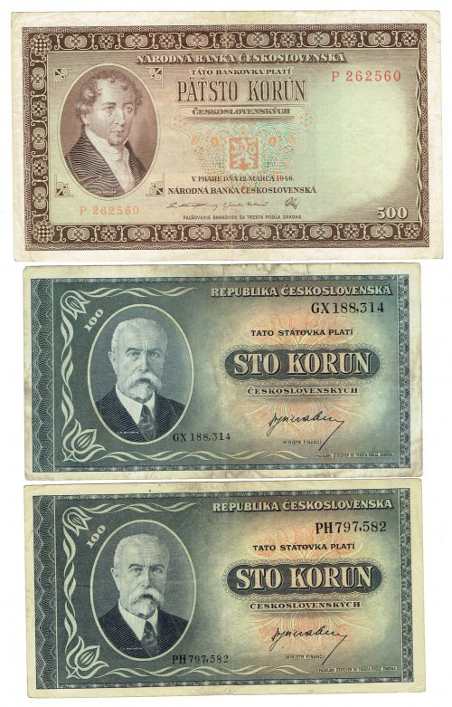 Czechosłowacja, Zestaw 2 x 100 koron 1945, 500 koron 1946 Wizualnie ładny stan b...