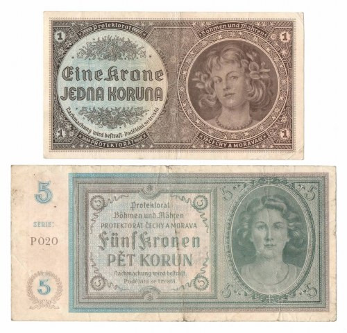 Czechy i Morawy, 1, 5 koron 1940 Obiegowe egzemplarze Ciekawy zestaw 
Grade: VF...