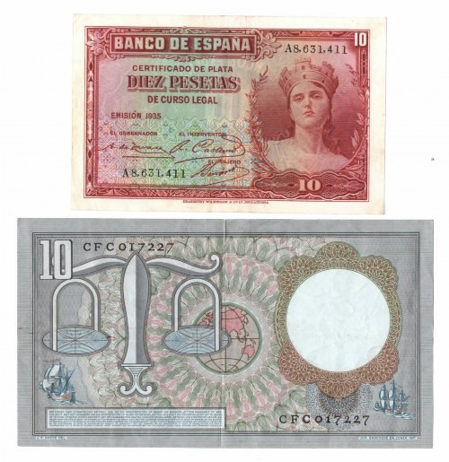 Hiszpania, 10 Pesos 1935, Holandia 10 Gulden 1953 Zestaw dwóch przyjemnych wizua...