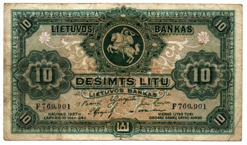 Lietuva, 10 Lit 1927 Rzadki banknot w wyraźnie obiegowej kondycji o akceptowalne...