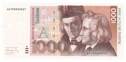 Niemcy, 1000 marek 1991 AA RZADKI Banknot w emisyjnym stanie zachowania.
 Najwy...