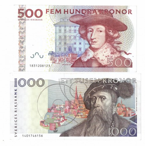 Szwecja, zestaw 500, 1000 koron 2007 Banknoty te mogą być wymienione w banku cen...