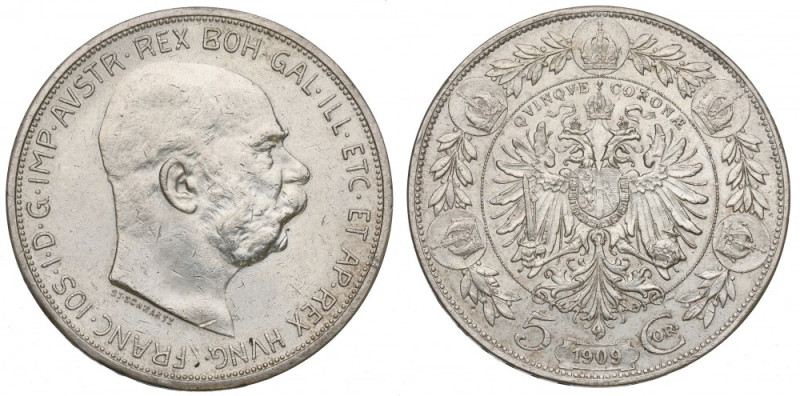Austria, Franz Joseph, 5 korona 1909 Ładny egzemplarz z resztkami polysku. 
Ref...