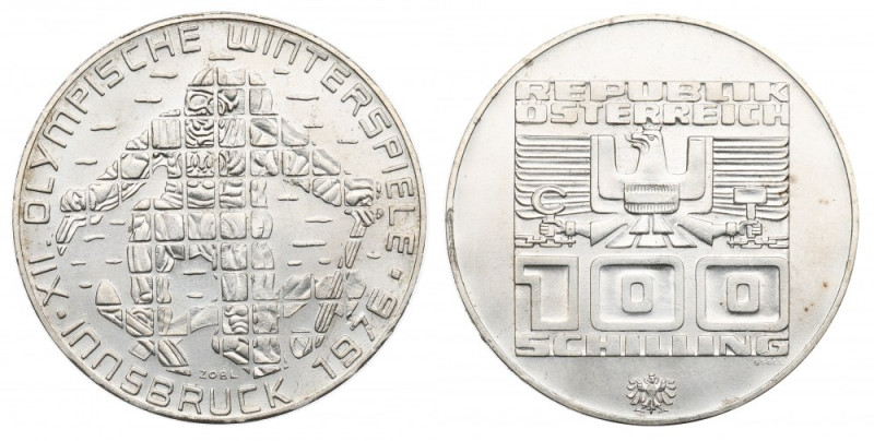 Austria, 100 schillings, 1976 Innsbruck Olypmic Games Piękny egzemplarz. Srebro ...