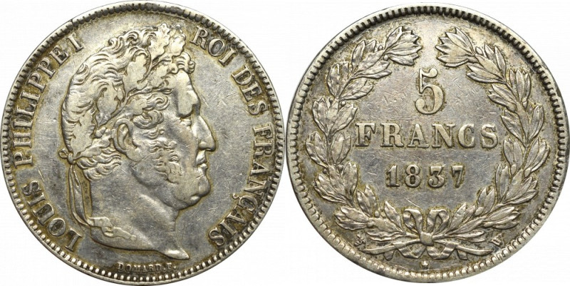 France, 5 francs 1837 Obiegowy przyzwoity egzemplarz. Patyna, nalot. Reference: ...