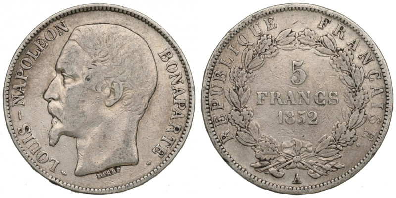 France, 5 francs 1852 Ładny czytelny egzemplarz, w delikatnej patynie. Odmiana z...