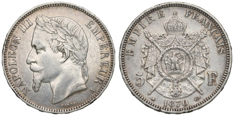 France, 5 francs 1870 Ładny egzemplarz z bardzo dobrymi detalami. Ostatni roczni...