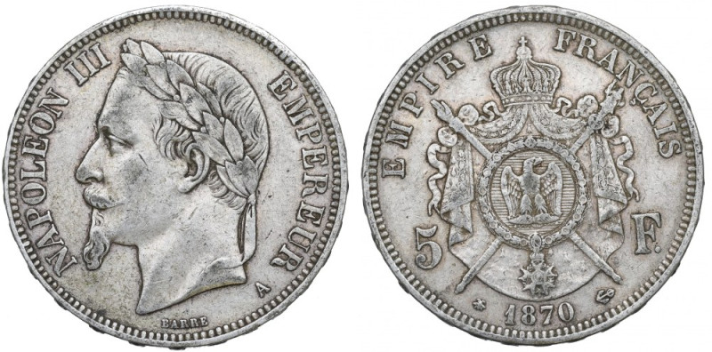 France, 5 francs 1870 Ładny egzemplarz. Ostatni rocznik tej odmiany pięciofrankó...