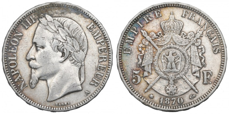 France, 5 francs 1870 Ładny egzemplarz. Ostatni rocznik tej odmiany pięciofrankó...