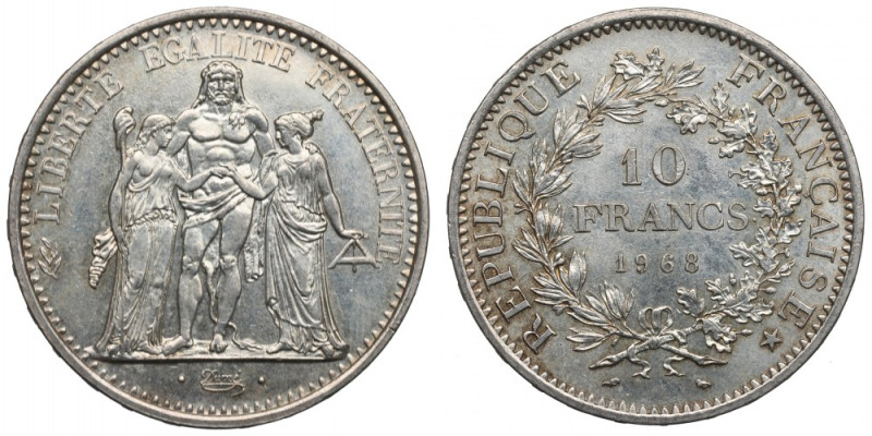 France, 10 francs 1968 Świetnie zachowana, srebrna moneta. Patyna. 
Grade: AU/U...