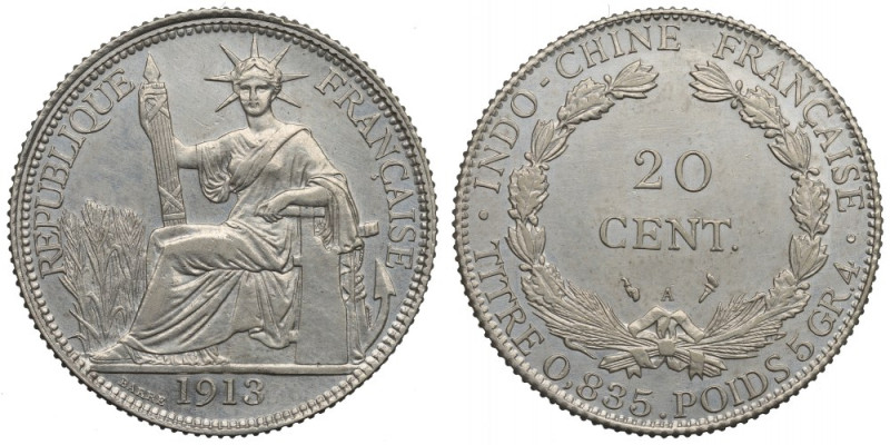 Fench Indochine, 20 centimes 1913 Piękny, okołomenniczy egzemplarz. Pozycja rzad...