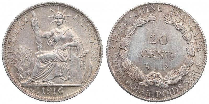 Fench Indochine, 20 centimes 1916 Piękny, okołomenniczy egzemplarz. Pozycja rzad...