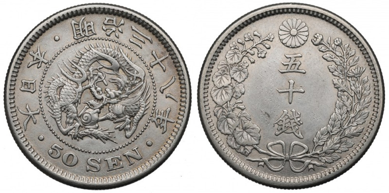 Japan, 50 sen 1905 Ładnie zachowany egzemplarz. Reference: Krause Y#25
Grade: X...