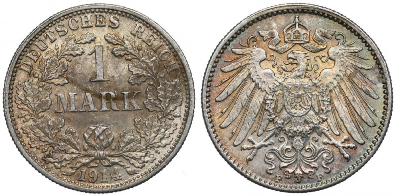 Germany, 1 mark 1914 F, Stuttgart Menniczy egzemplarz z doskonale zachowanymi de...