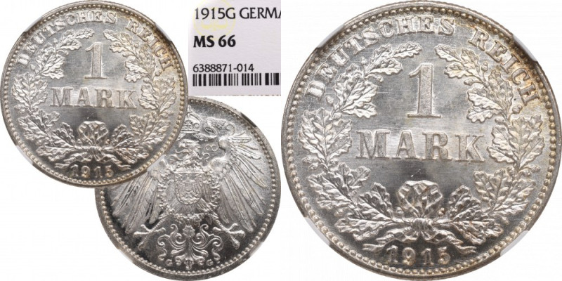 Germany, 1 mark 1915 G, Karlsruhe - NGC MS66 Wyśmienity, menniczy egzemplarz. Mo...