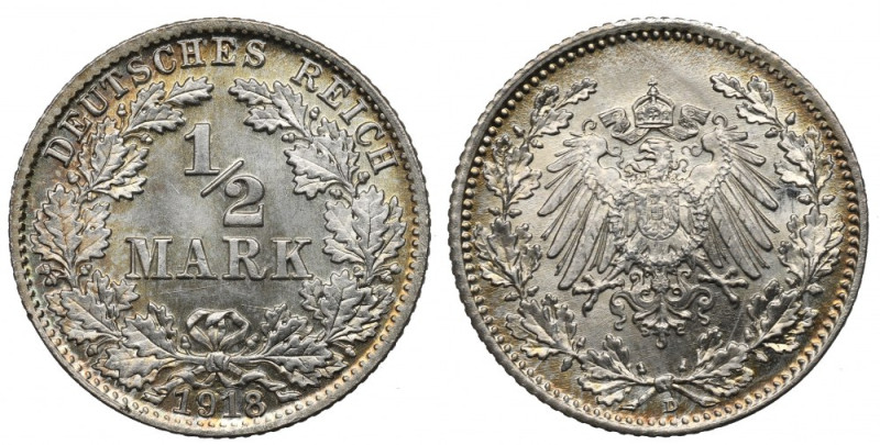 Germany, 1/2 mark 1918 D Znakomity menniczy egzemplarz z mnóstwem obustronnego m...