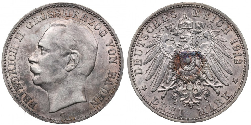 Germany, Baden, 3 mark 1912 Ładny egzemplarz ze świetnymi detalami. Drobne nieśw...