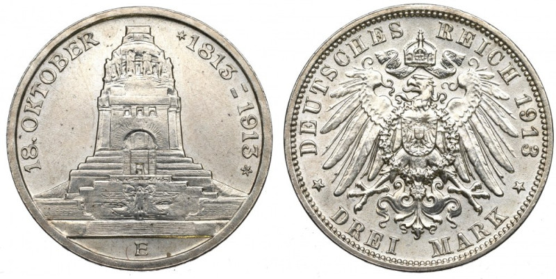 Germany, Saxony, 3 marks 1913 E Piękny egzemplarz z minimalnymi skazami tła. Poz...