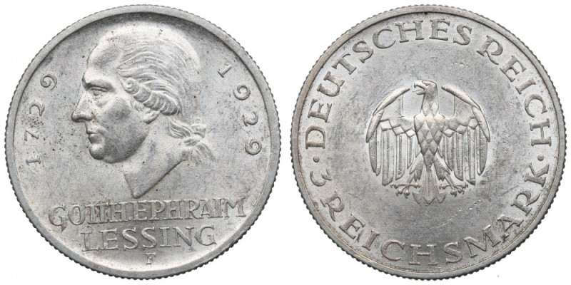 Germany, Weimar Republic, 3 mark 1929 D Lessing Bardzo ładny okołomenniczy egzem...