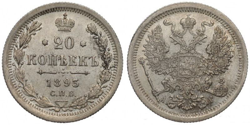 Russia, Alexander III, 20 kopecks 1893 АГ Ostatni rocznik 20-kopiejkówek bity za...