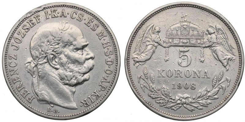 Hungary, Franz Joseph, 5 korona 1909 Obiegowy egzemplarz. Ostatni rocznik piątek...