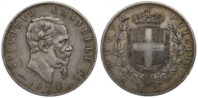 Italy, 5 lira 1877 Ładny, obiegowy egzemplarz. 
Grade: VF+