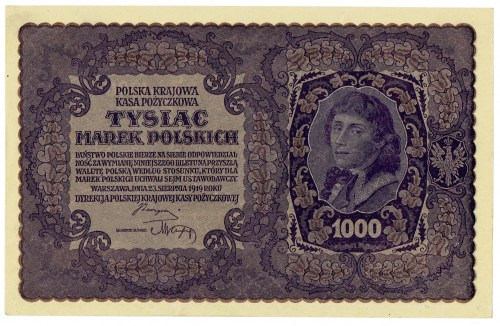 II RP, 1000 marek polskich 1919 III SERJA D Wyśmienicie zachowany banknot o idea...