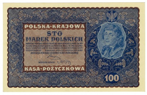 II RP, 100 marek polskich 1919 IH SERJA J Pięknie zachowany egzemplarz z drukiem...