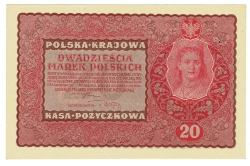 II RP, 20 marek polskich 1919 II SERJA DV Pięknie&nbsp; zachowany banknot o ładn...