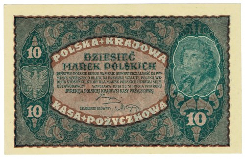 II RP, 10 marek polskich 1919 II SERJA CM Piękny stan banknotu z zachowanym oryg...