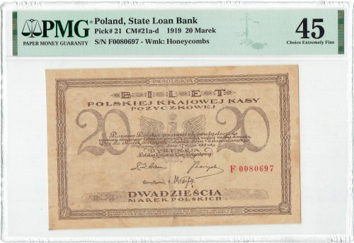 II RP, 20 marek polskich 1919 F - PMG 45 Atrakcyjny wizualnie banknot z widoczny...