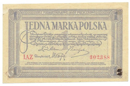 II RP, 1 marka polska 1919 IAZ Bardzo ładna prezencja Złamany w pinie pozostałoś...